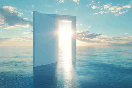 3d render of an open white door illuminating calm waters with a sunrise and hopeful sky backgroundの写真素材