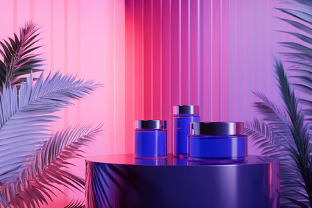 Glossy podium displaying blue and purple glass cosmetic jars against a striped gradient backgroundの写真素材