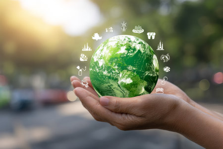 Hand holding earth globe with green energy icons on blurred nature background for earth dayの写真素材