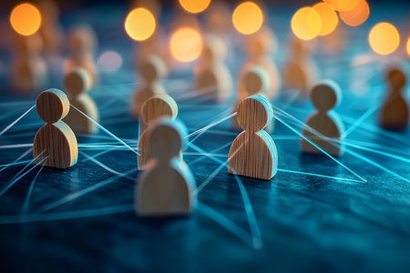 Abstract representation of human connections with wooden figures and bokeh effect in warm lightingの写真素材