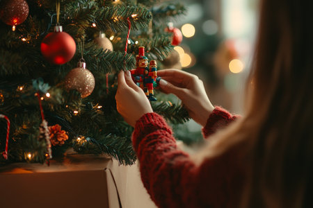 Close up of a woman adorning a christmas tree with ornaments at home, perfect for text overlayの写真素材