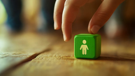 Hand selecting a green wooden cube with human icon, symbolizing employee selection conceptの写真素材