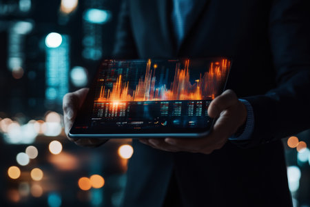 Businessman analyzing digital financial graph on tablet against urban skyline for growth insightsの写真素材