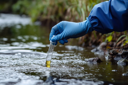 Environmental scientist collecting river water sample in blue gloves with macro photography detailの写真素材