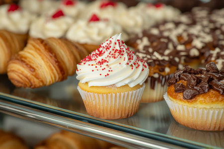 A captivating display of pastries cupcake with white frosting at an Italian bakery showcaseの写真素材