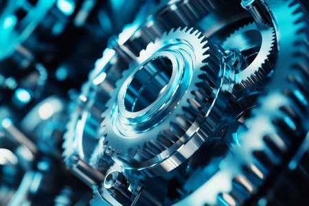 Abstract gear system featuring blue and white colors, evoking a modern industrial aestheticの写真素材