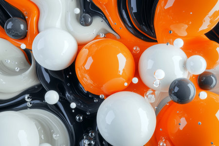 Abstract 3d render of swirling orange, white, and gray spheres in creamy liquid backgroundの写真素材