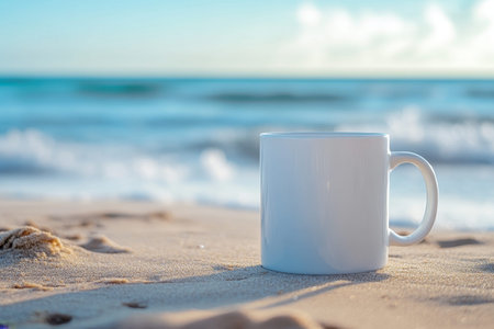 Close up mockup of a white mug on the beach with a blurred background for creative photographyの写真素材