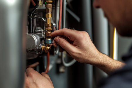 Close up of a plumber s hands repairing a gas boiler at home under indoor lightingの写真素材