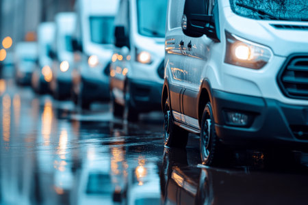White delivery vans lined up on a street, reflections in puddles, highlighting one van s detailsの写真素材