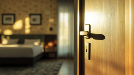 Close up of a modern hotel room door with digital key card lock and sunlit bedroom backgroundの写真素材