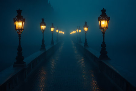 Misty night walk a serene park pathway illuminated by street lamps under a dark skyの写真素材
