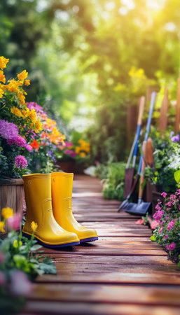 Vibrant garden scene featuring colorful flowers, wooden walkway, and gardening tools in sunlightの写真素材