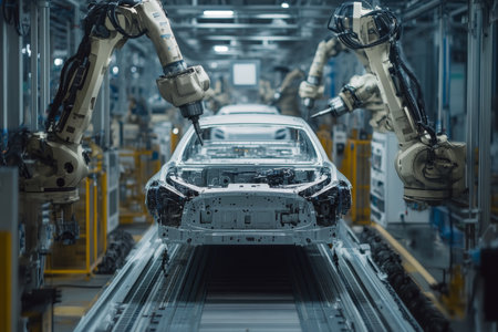 Robotic arms in car production line automotive industry s innovative assembly processの写真素材