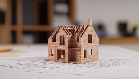 Architectural design of a house model with blueprints and bricks on a white background