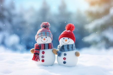 Charming snowmen in colorful attire amidst a winter wonderland perfect for a holiday card designの写真素材