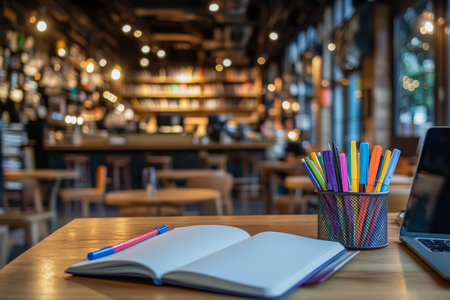 A cozy workspace featuring an open notebook, colorful markers, and a laptop in a coffee shop settingの写真素材