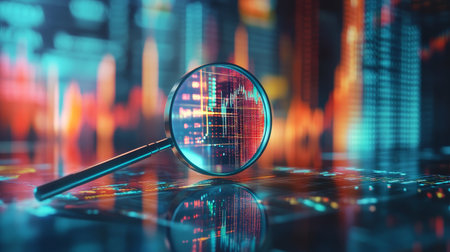 Magnifying glass over business chart on digital background focused financial analysis conceptの写真素材