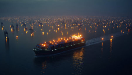 Aerial perspective of a cargo ship with containers navigating night city lights and digital networksの写真素材