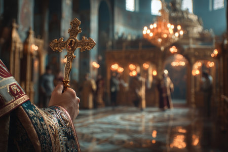Close up of a priest with a golden cross in an orthodox church interior, text space availableの写真素材