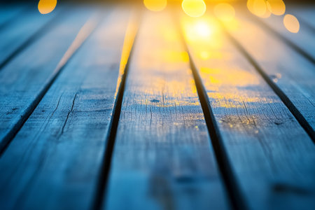 Bokeh effect background with wooden planks and light rays for product presentation and designの写真素材