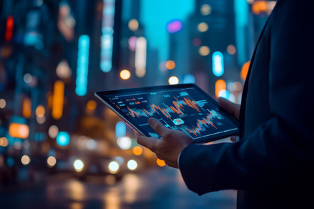 Businessman analyzing financial data on tablet at night, showcasing digital market trends on streetの写真素材