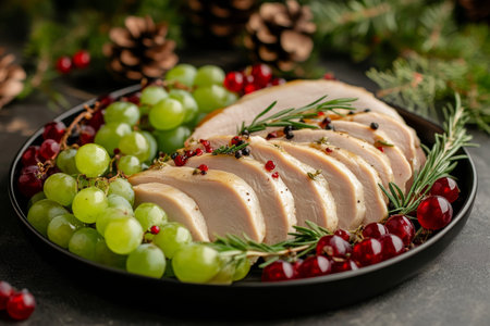 Festive christmas dinner table featuring sliced bowls of grapes, berries, and herb garnishの写真素材