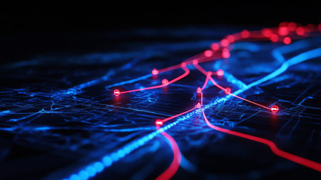 3d visualization of illuminated route icons on dark background for global travel planning design