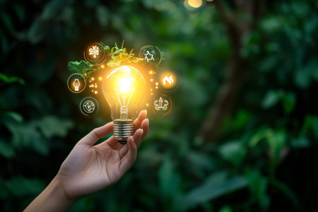 Hand holding a light bulb surrounded by energy icons in a green nature setting for eco friendly tech