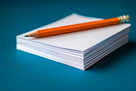 A neat stack of white paper topped with an orange pencil on a vibrant blue table surfaceの写真素材
