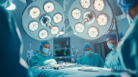 Close up of surgical lights and instruments with medical team in action in operating room settingの写真素材