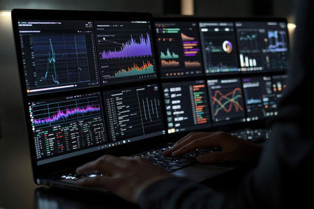 Professional using laptop with virtual screens for business data, charts, and marketing strategiesの写真素材