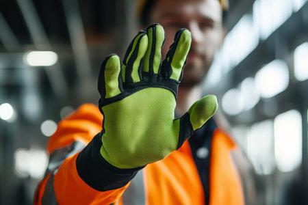 Close up of a fashionable construction worker showcasing high visibility gloves at a building siteの写真素材
