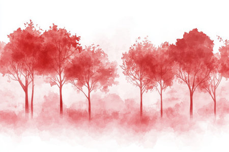 Minimalist red watercolor background featuring tree silhouettes in a clean, professional styleの写真素材