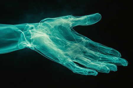 Cinematic x ray of the left hand in turquoise against a black background under ultraviolet lightの写真素材