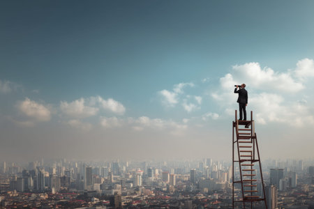 Businessman on ladder with binoculars gazing over city skyline, ideal for text overlay in sky area