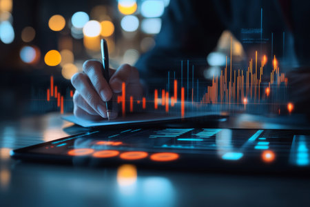 Businessman using tablet to illustrate stock market growth with holographic financial chartsの写真素材