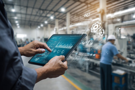 Industrial analyzing technician production data on tablet in modern factory setting in hong kong