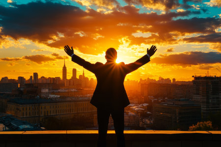 Silhouette of a businessman on a balcony embracing success against a stunning sunset cityscapeの写真素材
