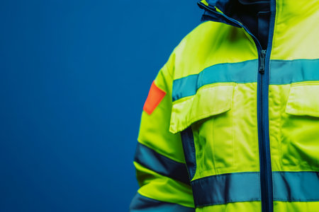 Vibrant collection of high visibility workwear jackets on blue background for construction designの写真素材