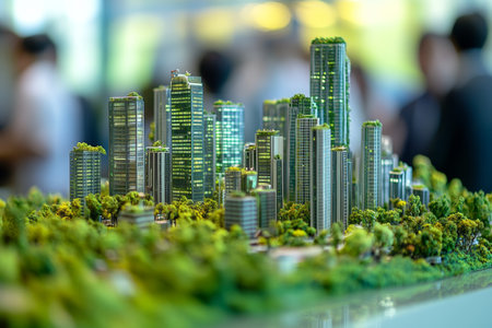 Holographic urban cityscape with green architecture at smart energy exhibition in bangkokの写真素材