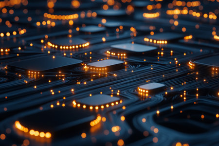 Illuminated digital data stream linking smartphones, tablets, and smart devices in captivating shotの写真素材