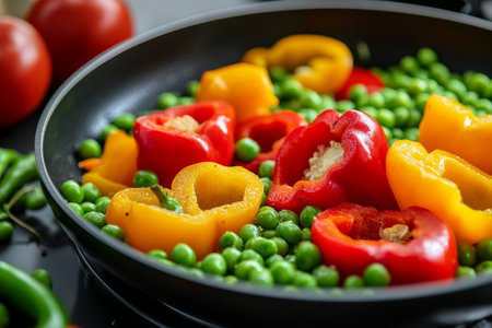Vibrant close up of colorful bell peppers and green peas in a pan for a healthy meal preparationの写真素材