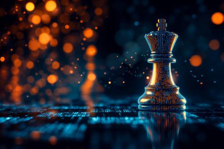 Abstract cybersecurity artwork with chess board and king piece in binary code and tech colorsの写真素材