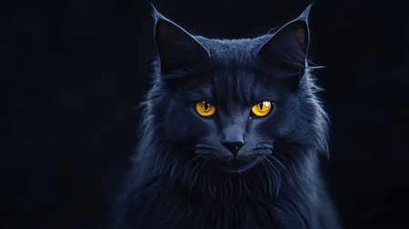 Stunning portrait of a fluffy maine coon cat with striking yellow eyes against a dark backdropの写真素材