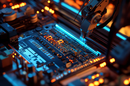 Robotic arm assembling integrated circuit board with blue lights in a modern high tech factoryの写真素材