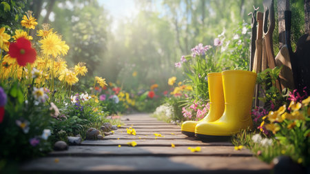 Vibrant sunny garden scene with colorful flowers, wooden path, and gardening tools in focusの写真素材