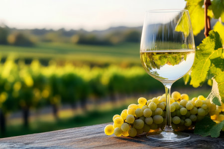 Elegant white wine glass with fresh grapes on wooden table overlooking a blurred vineyard sceneの写真素材
