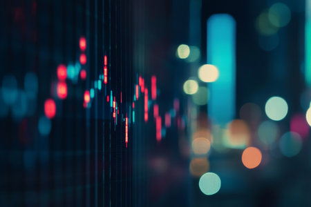 Digital stock market graph with candlestick chart on blurred dark blue background for business useの写真素材