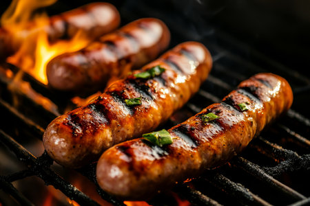 Close up of grilled sausages with professional color grading and sharp focus photographyの写真素材